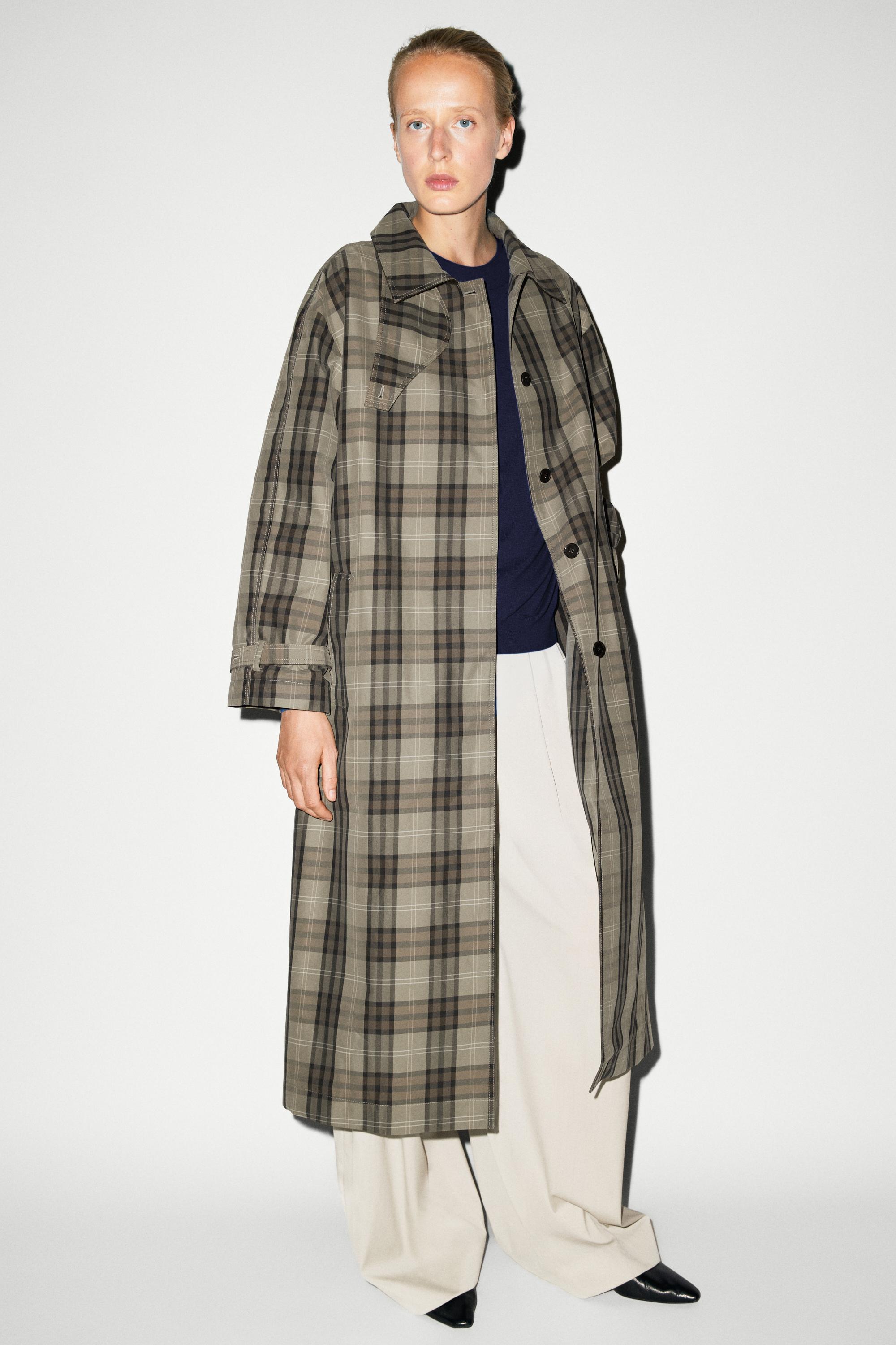 Long cotton blend plaid trench coat
