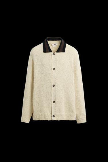 Zara CONTRAST COLLAR CARDIGAN - Ecru - Image 0