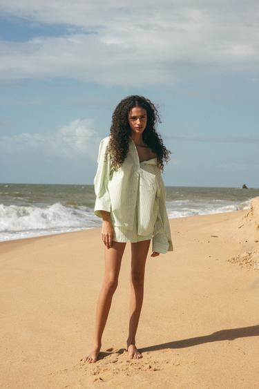 Zara 條紋寬鬆版府綢襯衫 - 淺酸橙色