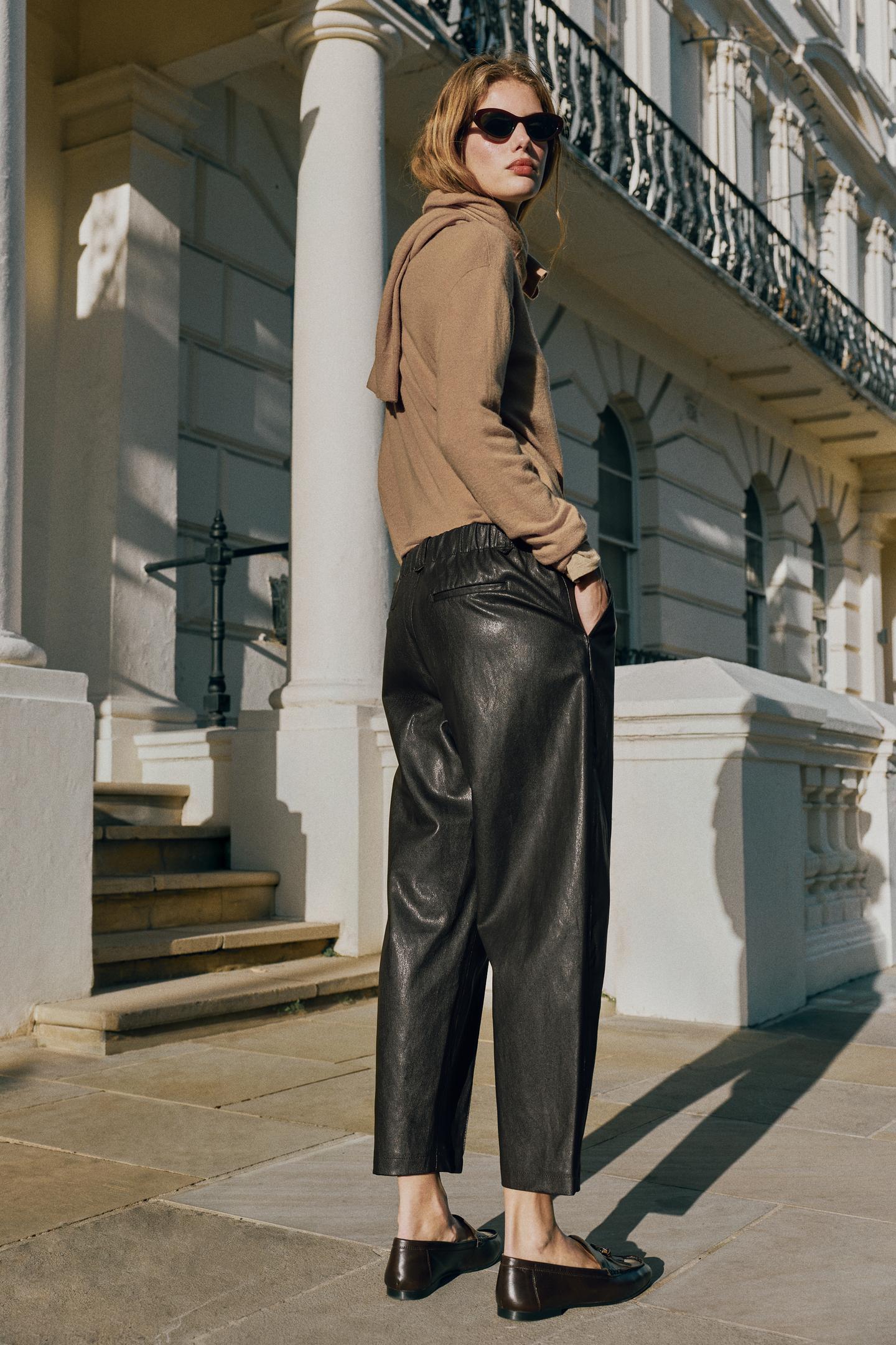 Женские брюки Zara Faux Leather Seam, цвет: Коричневый — фото 6
