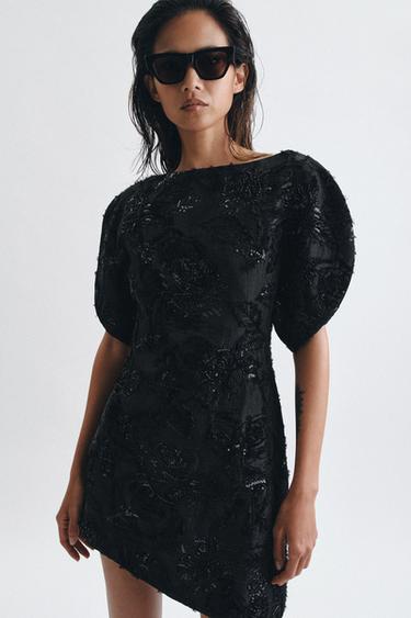 Zara ZW COLLECTION EMBROIDERED MINI DRESS - Black