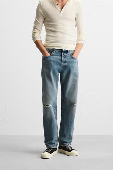 Zara RIPPED REGULAR STRAIGHT FIT JEANS - Blue