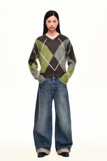 Zara TRF 中腰反摺吊襠牛仔褲 - 藍色