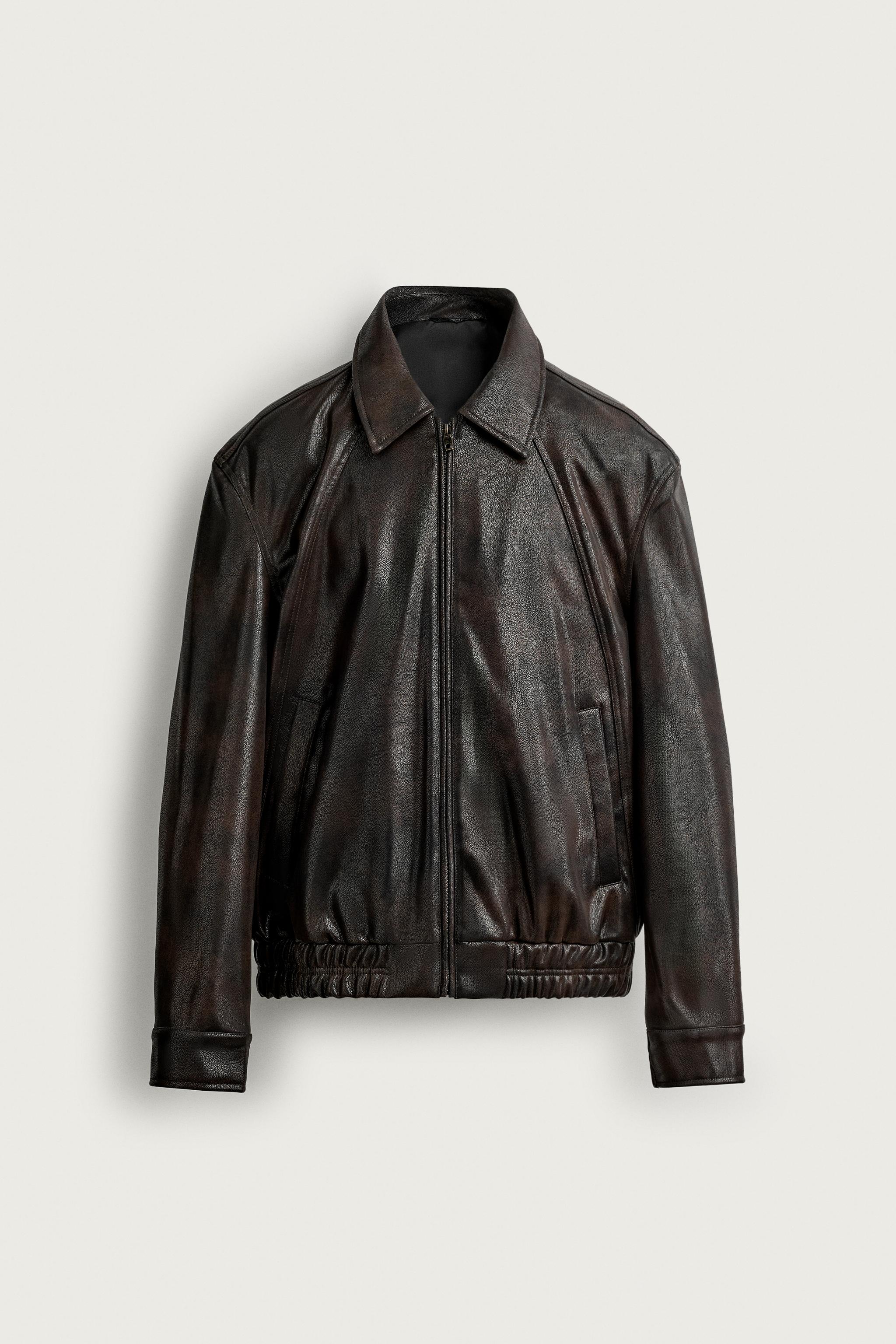 FAUX LEATHER RELAXED FIT JACKET — Brown