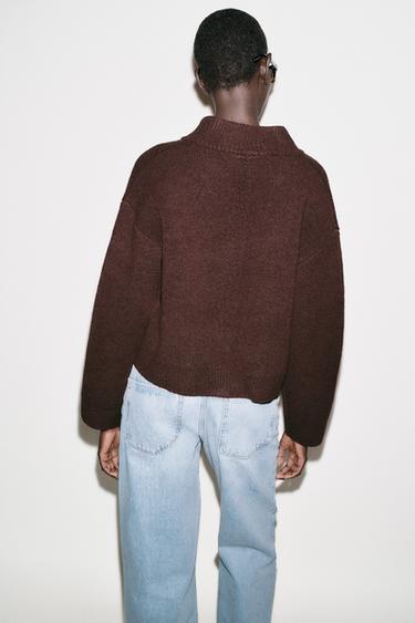 HIGH NECK KNIT CARDIGAN - Brown by Zara - Image 5