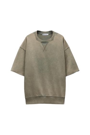 WASHED EFFECT SHORT SLEEVE PLUSH SWEATSHIRT