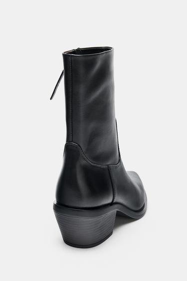 Zara LEATHER COWBOY ANKLE BOOTS - Black