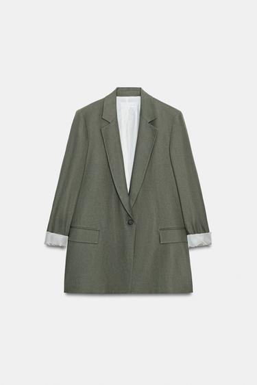 LINEN BLEND BLAZER WITH PRINTED CUFF - mid khaki by Zara