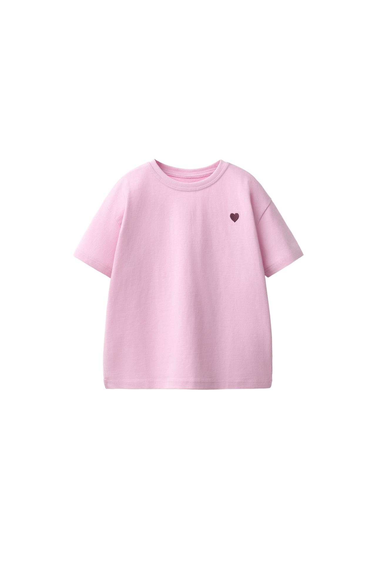 EMBROIDERED HEART PLAIN T-SHIRT — Pink