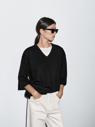 Jersey cuello pico mezcla lana - Negro de Zara