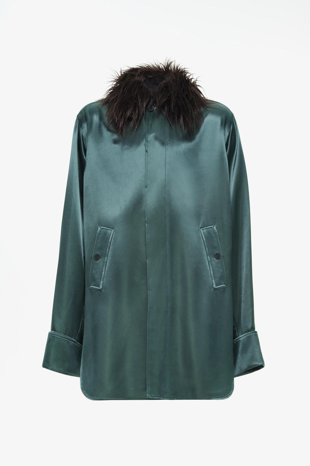 LIMITED EDITION SATIN OVERSHIRT WITH FAUX FUR COLLAR — Gray green