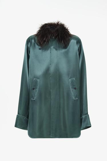 LIMITED EDITION SATIN OVERSHIRT WITH FAUX FUR COLLAR — Gray green 1