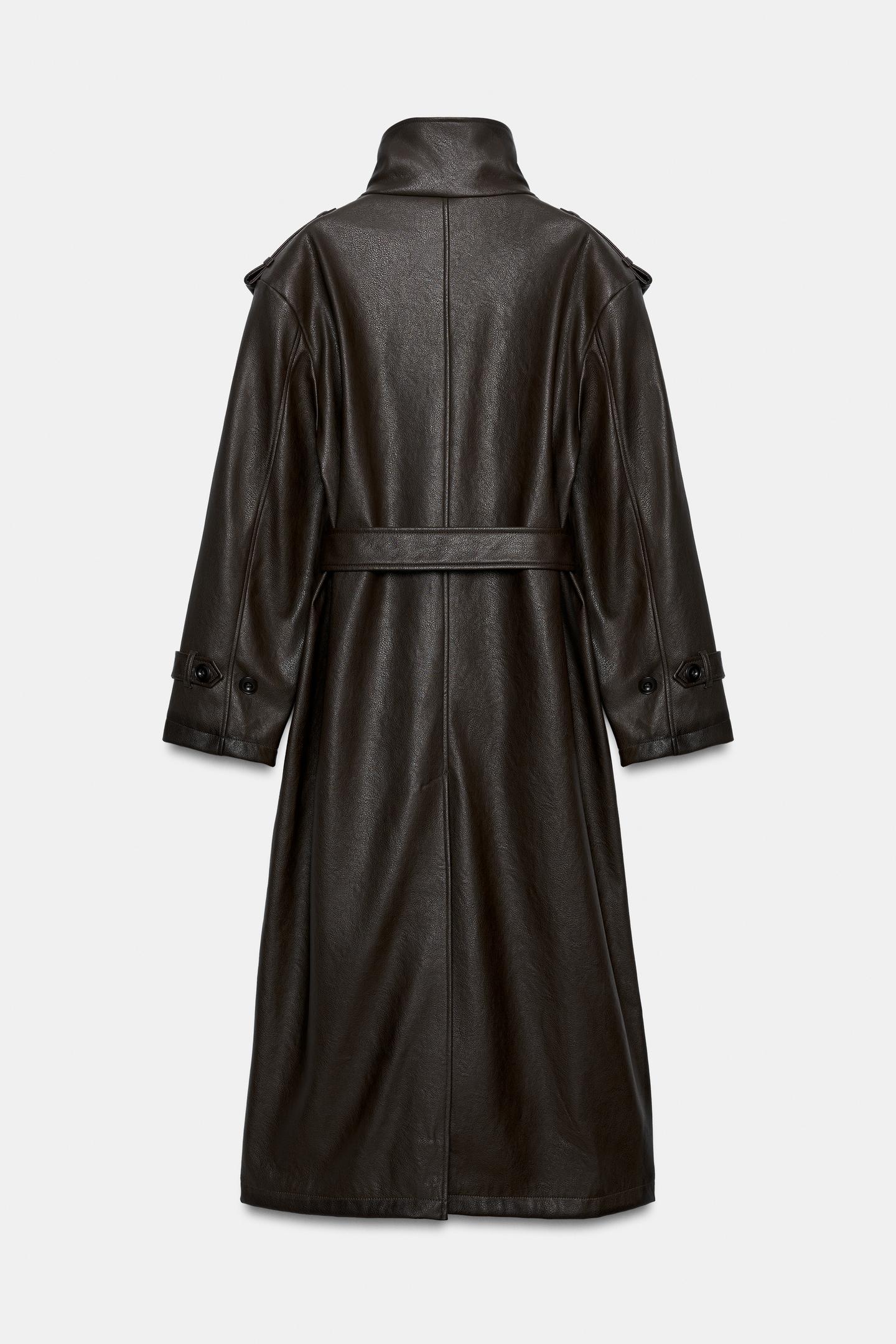 Женское пальто Zara Faux Leather Long Trench, цвет: Тёмный коричневый — фото 7