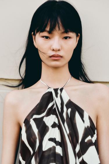 Zara ZW COLLECTION 動物紋印花繞頸洋裝 - 裸色 / 黑色
