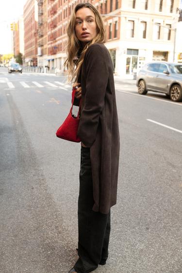 PŁASZCZ FRAKOWY ZE EFEKTEM ZAMSZU - czekoladowy brąz Zara