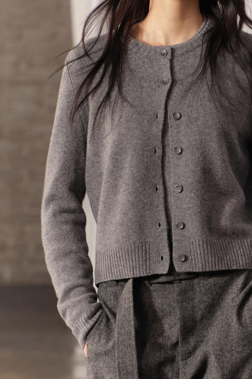 Fine-knit Cardigan - Dark gray melange - Ladies