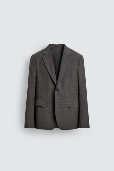 100% WOOL CHECK SUIT BLAZER - Brown by Zara