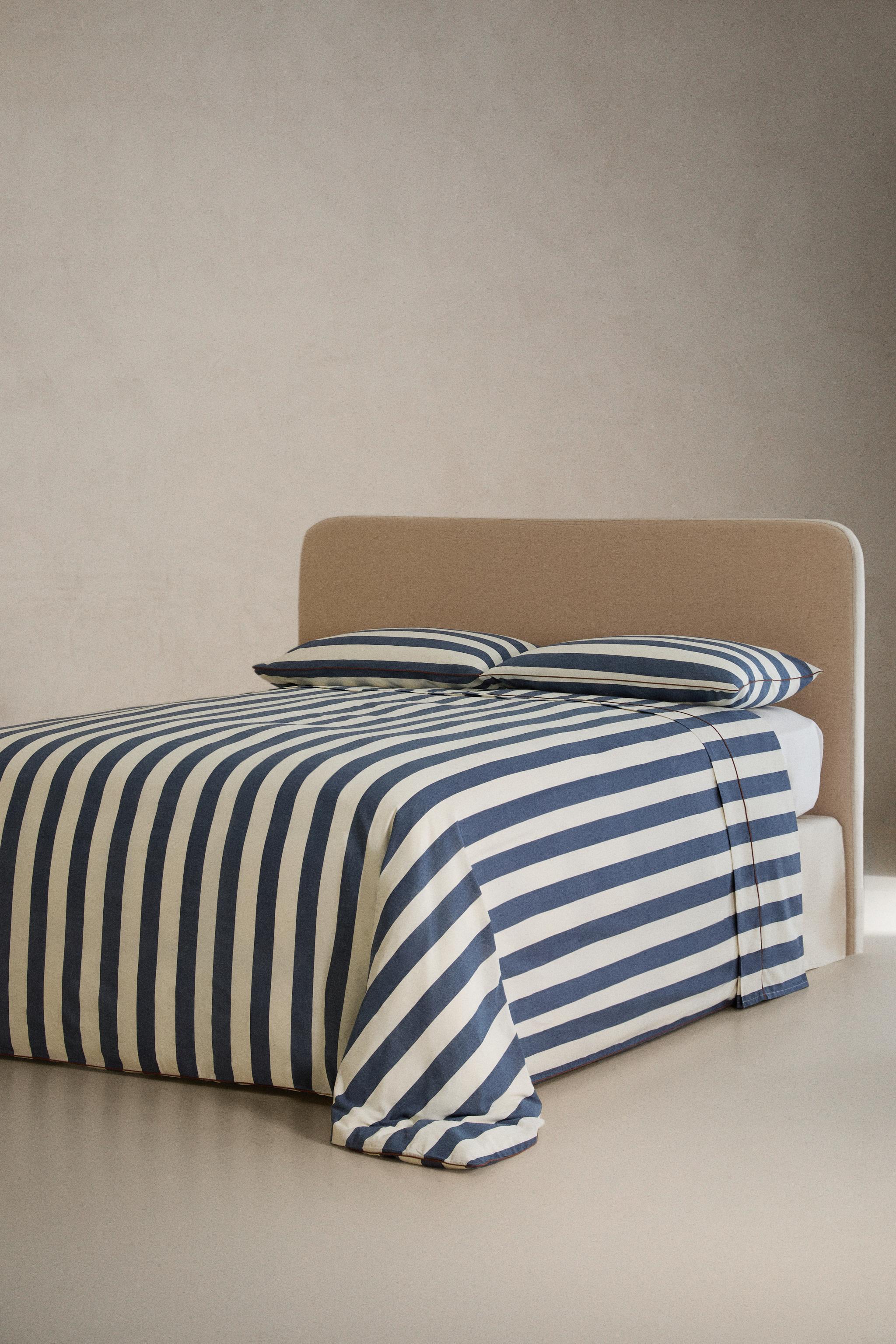 FADED STRIPED COTTON FLAT SHEET — Blue