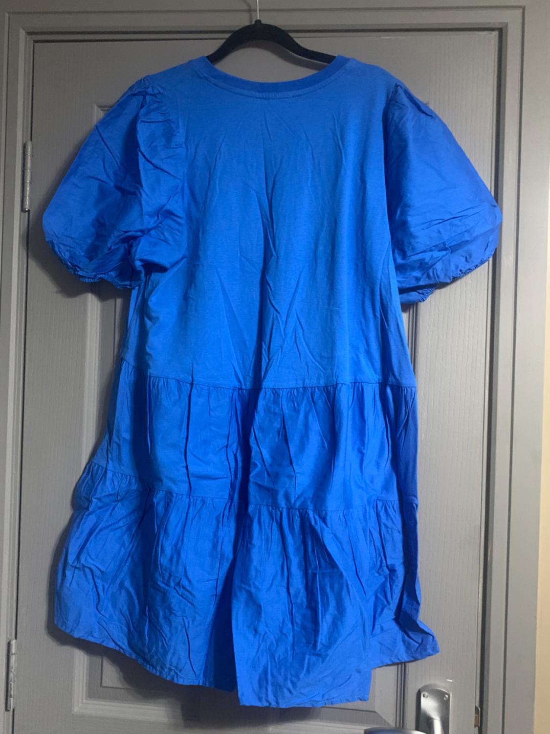 Blue dress with puffed sleeves hanging on a black hanger over a grey door.