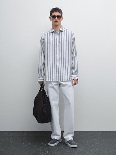 Camisa rayas regular fit lino - Azulón de Zara - Imagen 0