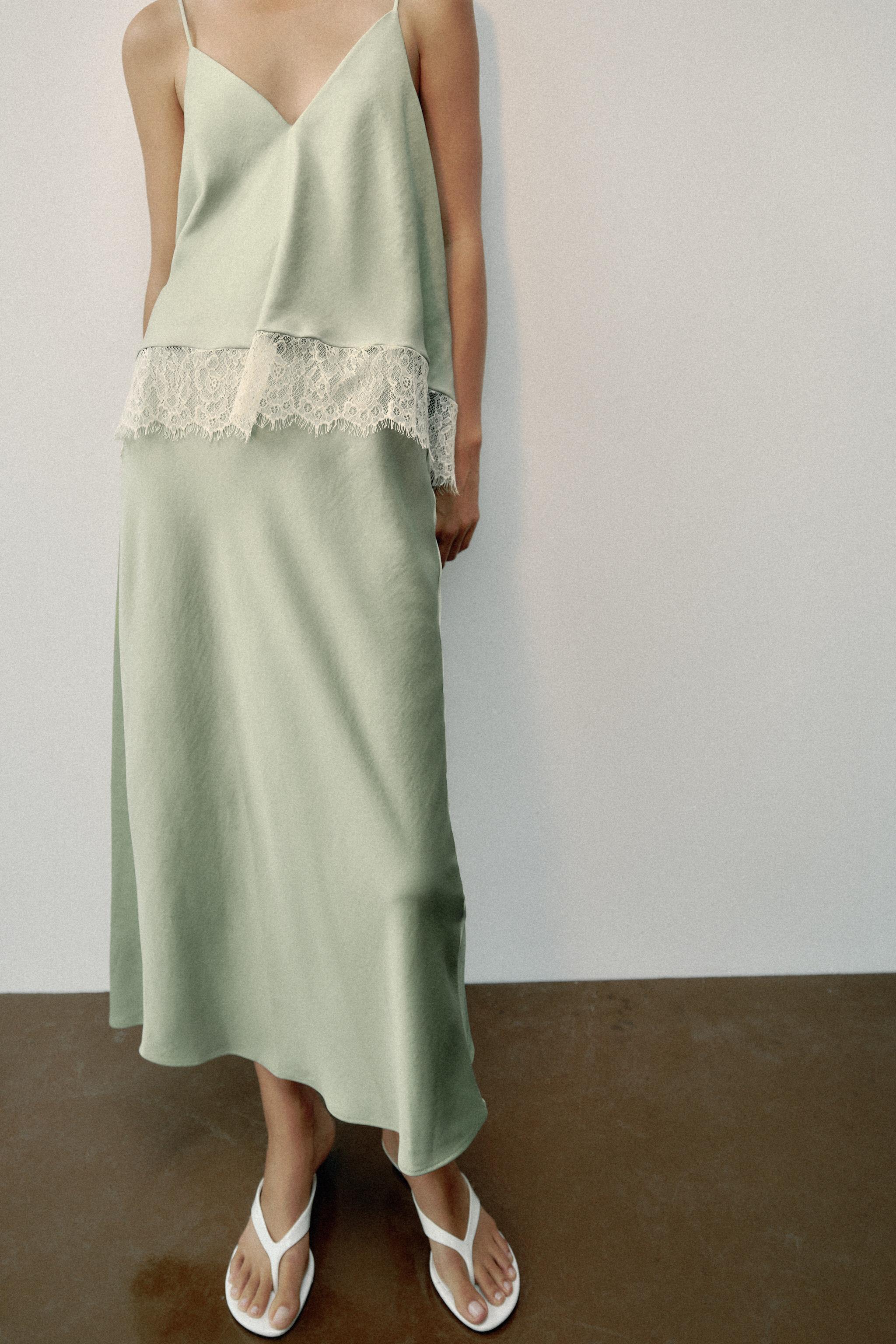 Lace-Trimmed Satin Midi Slip Dress