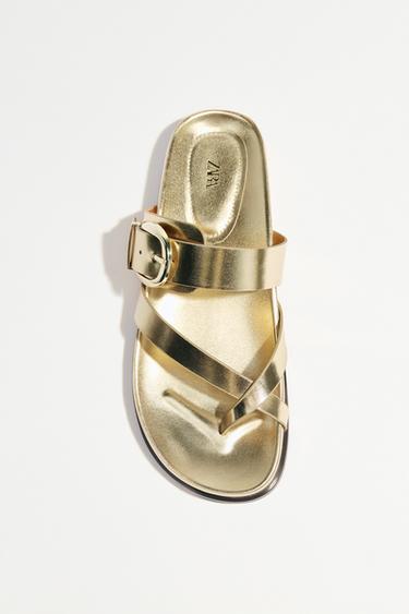Zara METALLIC EFFECT CROSSED STRAP SANDALS - Gold