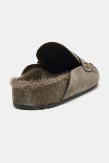 Zara LEATHER MULE CLOGS - Khaki Green