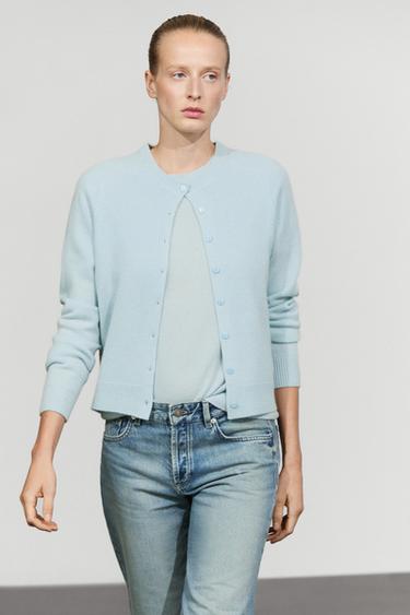 100% cashmere cropped knit cardigan — Sky blue 2