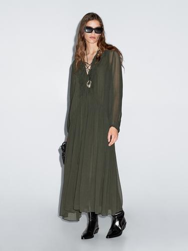 Robe longue fluide à volants - Vert foncé de Zara