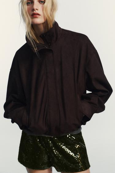 Zara FAUX SUEDE BOMBER JACKET - Brown