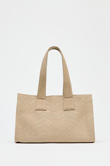 Zara BRAIDED SPLIT LEATHER SHOPPER BAG - SAND/BROWN