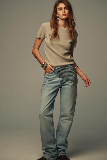 Zara SHORT SLEEVE BASIC KNIT TOP - Stone