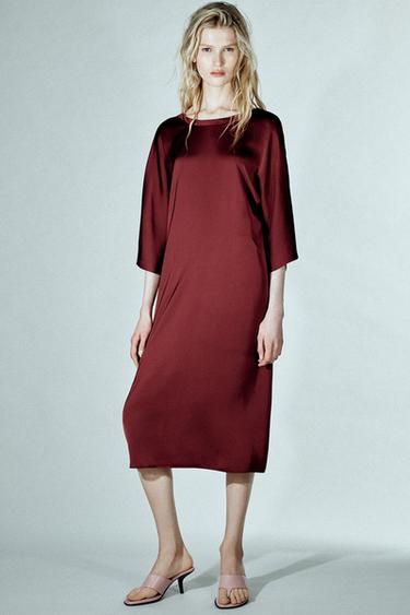 ZW COLLECTION SATIN MIDI DRESS - Burgundy by Zara