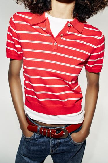 STRIPED SHORT SLEEVE KNIT POLO SHIRT - Red by Zara