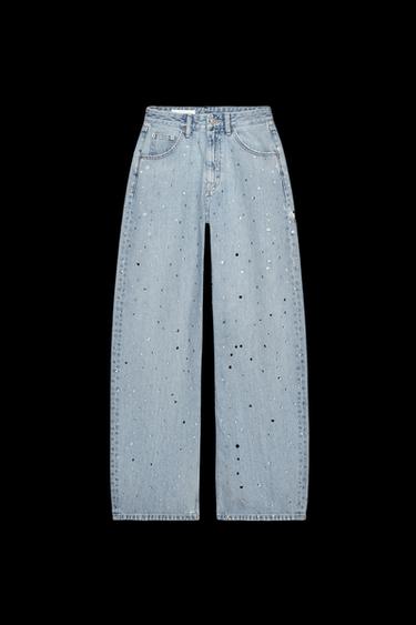 Zara TRF CURVED HIGH WAIST RHINESTONE JEANS - Light blue - Image 0