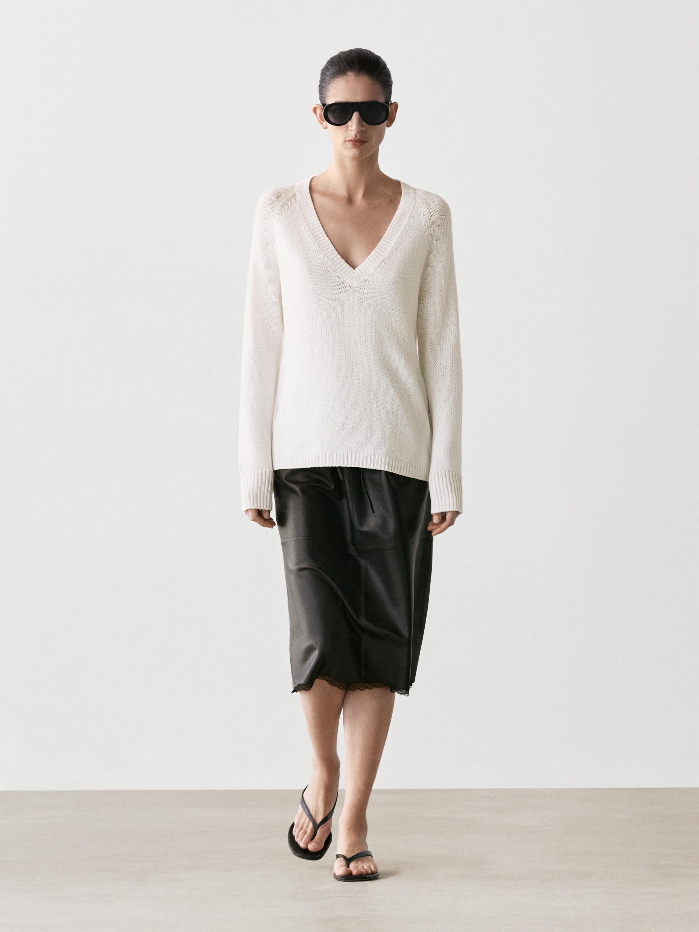 Nappa leather midi skirt with lace detail