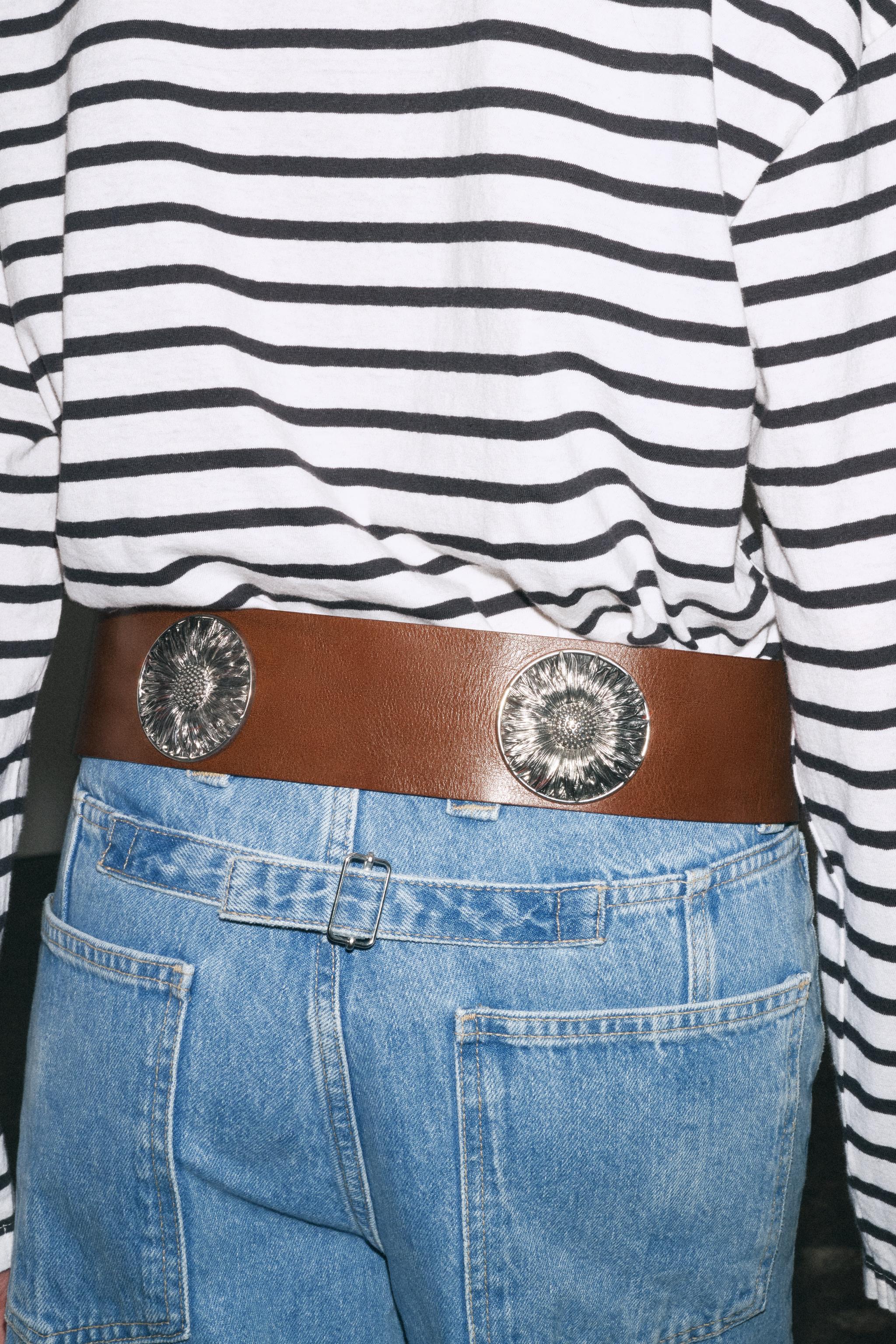 【ZARA】レザーベルト、フラワー&ハート 1736/047/700 ワイドレザーフラワーベルト - ブラウン | ZARA Japan / 日本