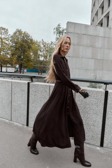 KOŠILOVÉ MIDI ŠATY S PÁSKEM - Čokoládová od Zara