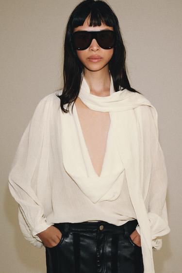 Zara ZW COLLECTION TIE-NECK SHIRT - Ecru
