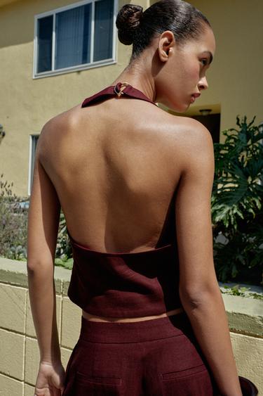 LINEN BLEND HALTER WAISTCOAT - Burgundy by Zara