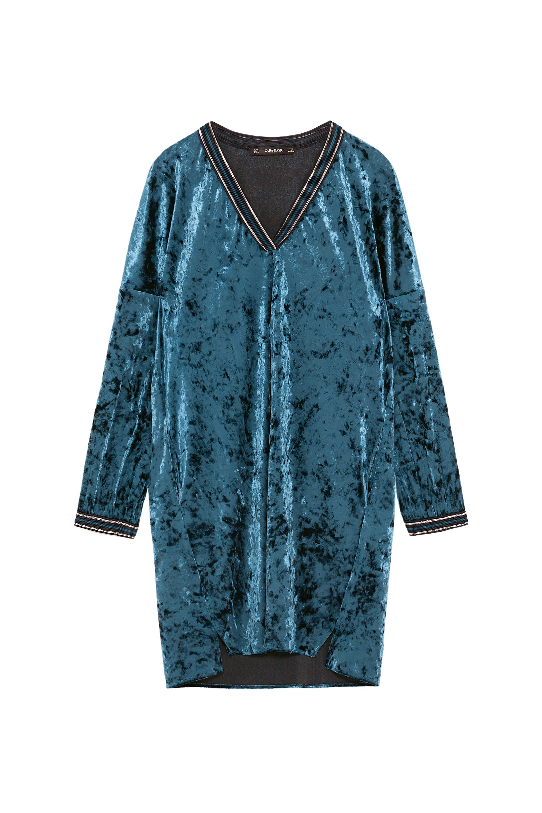 zara velvet dress blue WITH TRIMS SECOND HAND Featuring a cowl neck