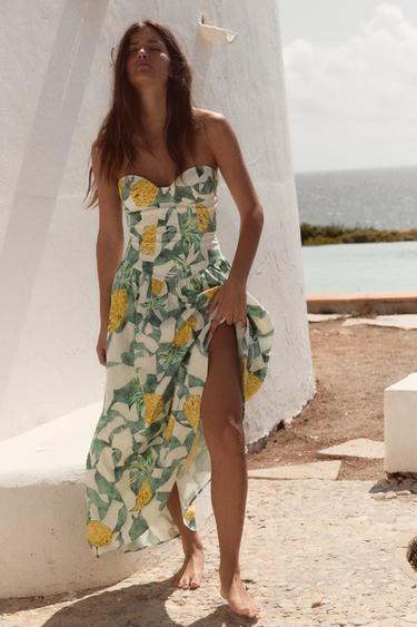 FRUIT PRINT CORSETRY-INSPIRED POPLIN DRESS - Ecru / Green by Zara - Image 0