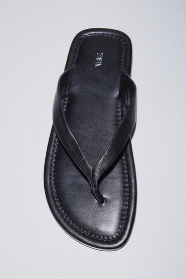 Zara FLAT LEATHER SANDALS - Black
