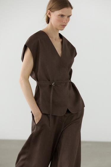 Zara Linen blend waistcoat with wrap neckline - Brown