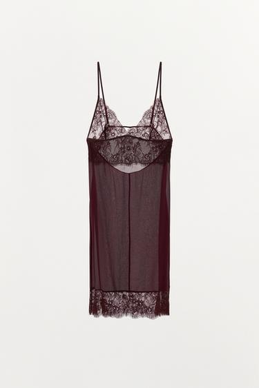 ROBE COURTE BIMATIÈRE AVEC DENTELLE - Bordeaux foncé de Zara - Image 3