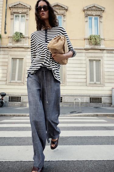 LINEN BLEND WIDE-LEG TROUSERS WITH BELT - Light indigo by Zara