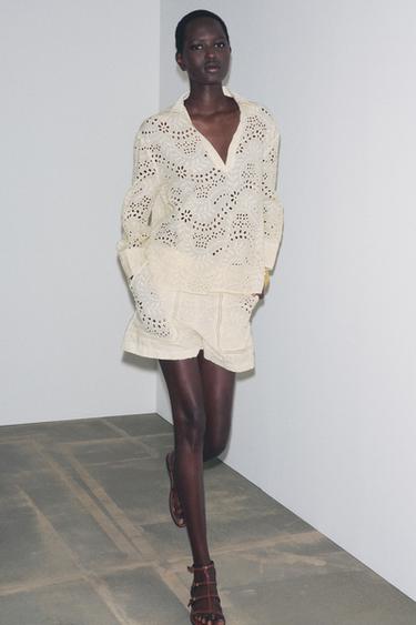 Zara ZW COLLECTION PERFORATED EMBROIDERY SHIRT - taupe brown - Image 0