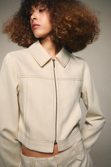 Zara CONTRAST SEAM CROP JACKET - Ecru