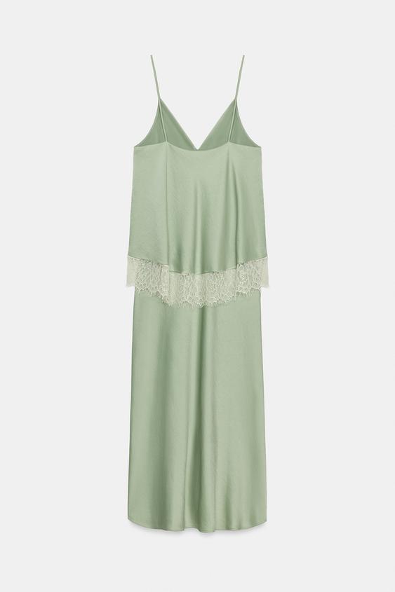 zara green lace dress Lace-Trimmed Satin Midi Slip - Light khaki color filter:Green