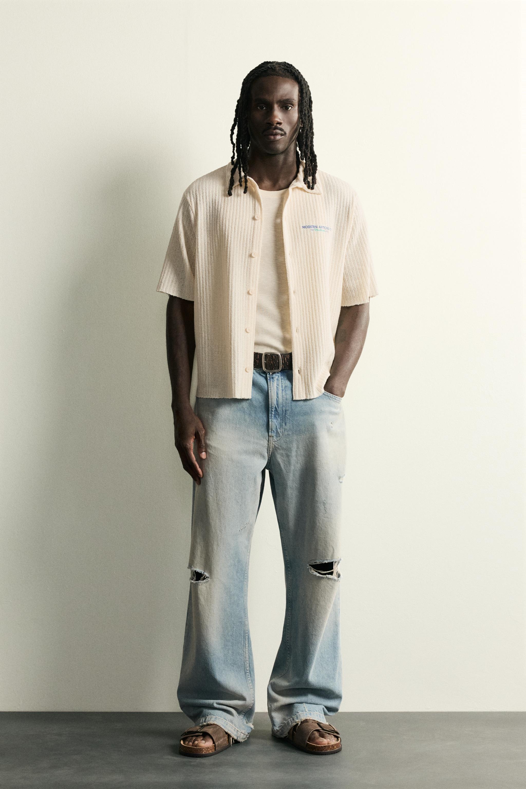 SALSATION★サルセーションOversizeCrewneckT-Shirt OPENWORK TEXTURED SLOGAN PRINT SHIRT - Oyster-white | ZARA India